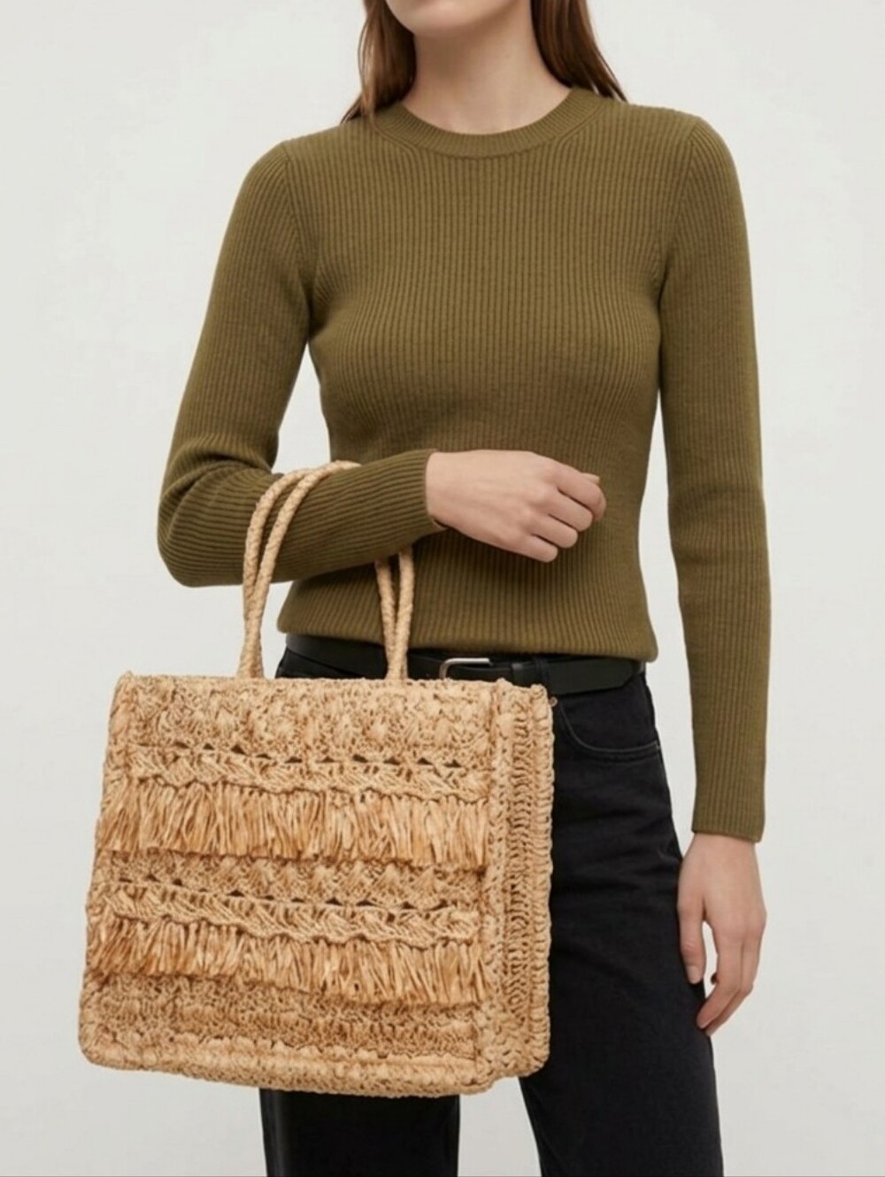 Anthropologie Raffia Fringe Woven Summer Tote Bag in Natural NWOT ~ CLEAN